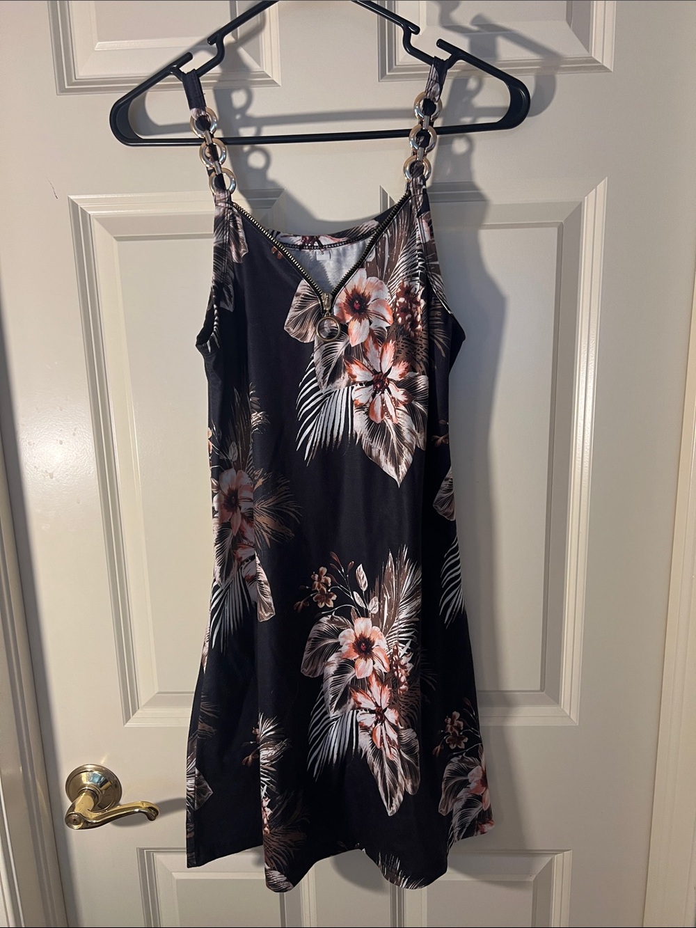 Floral Slip Dress with Chain Straps - Black & Pink